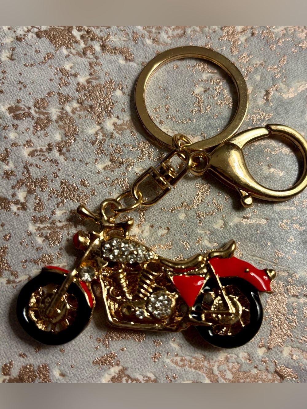 KEYCHAIN/ PURSE CHARM Red & Gold Motorcycle embellish with White Rhinestone